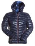 Women padded hooded jacket with sporty zip in contrast, two outside pockets, interior in contrasting colours red/grey PAREPLICALADY.BLU